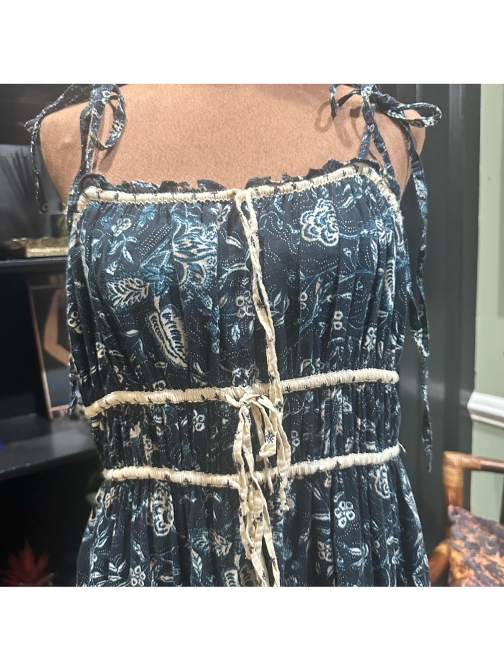 Christian Lacroix Bohemian Navy and Cream Tiered Midi Dress with Tie Details - Picture 10 of 11